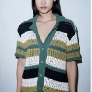 Zara Green and Black Striped Cardigan